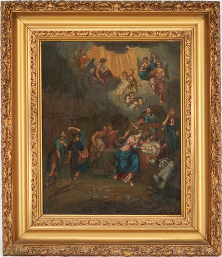 Continental School O/C Painting, Christ's Nativity With Angels