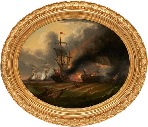 European School O/C Painting of Maritime Battle in an Oval Frame