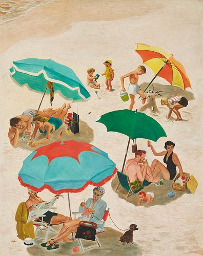 George E. Hughes O/B Saturday Evening Post Cover Art Illustration, Couples at the Beach