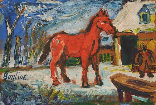 David Burliuk Small O/B Pastoral Painting of Horse