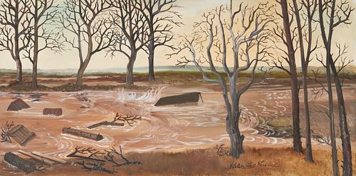 Helen LaFrance O/C Panoramic Flood Scene Painting
