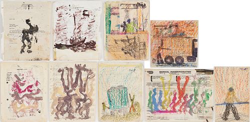 6 Purvis Young Folk Art Works on Paper Incl. Mixed Media, Drawings, Paintings
