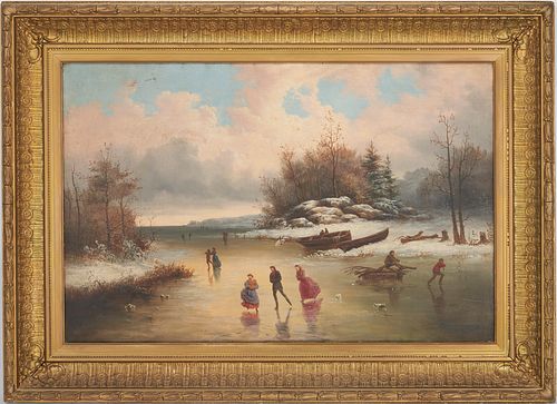 Large William Frerichs O/C Painting, Winter Landscape with Figures Ice Skating