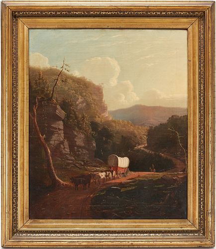Western NC Mountain Landscape with Wagon and Figures, Hudson River School Style