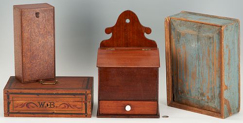 4 American Folk Art Boxes, incl. Candle & Document Boxes
