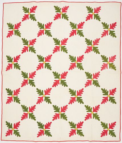 Southern Applique Quilt, Oak Leaf Pattern Variant, Circa 1850's