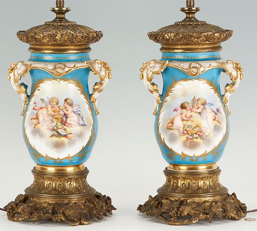Pair of Sevres Style Porcelain Urns, Mounted as Lamps