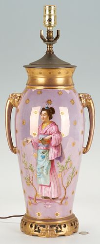 Charles Labarre Signed Porcelain Vase Lamp with Geisha