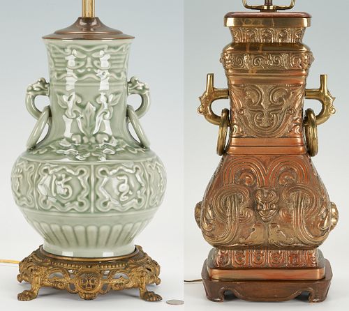 2 Chinese Lamps, Celadon Porcelain & Bronze Urn