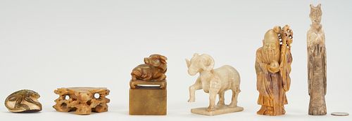 5 Asian Carved Figural Items Including Jade Ram, Nut Netsuke