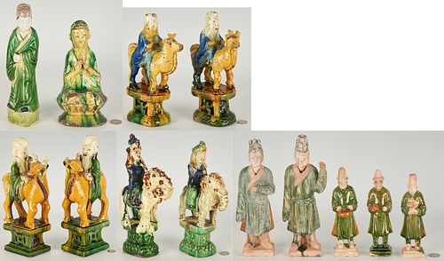 13 Chinese Sancai Glazed Figural Roof Tiles & Tomb Figures, incl. Shouxing