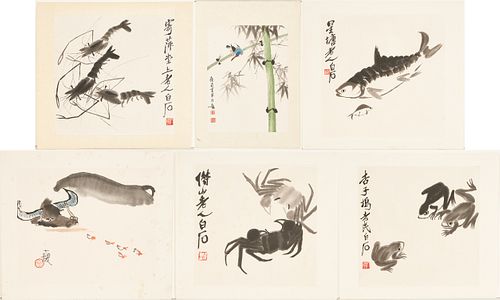 6 Asian Watercolor Paintings of Birds, Ox, Frog, & Fish