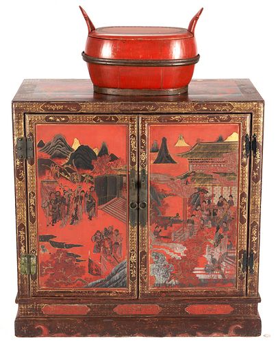 2 Chinese Red Lacquer Items, Shanxi Style Cabinet & Lidded Container