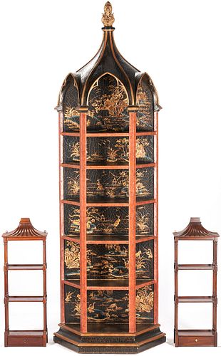 Chinese Lacquered Pagoda Display Cabinet & Pair Pagoda Etageres