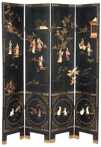 Chinese 4-Panel Inlaid & Hardstone Lacquer Screen
