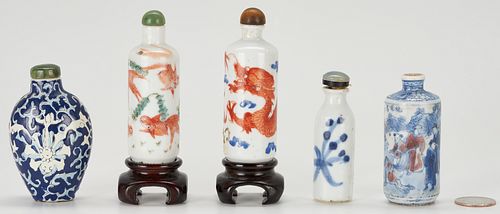 5 Asian Porcelain Snuff Bottles including Fish, Dragon decoration 
