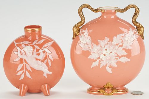 2 Moore Brothers Pate Sur Pate Moon Flask Vases, Pink Grounds