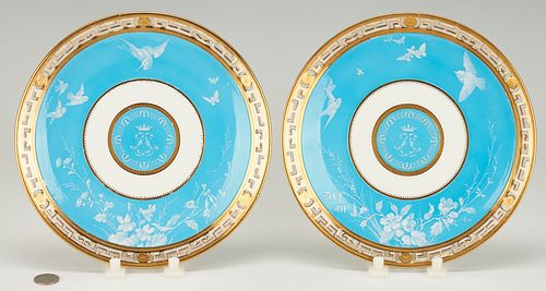 Pr. Minton Pate Sur Pate Cabinet Plates, Blue, with Birds