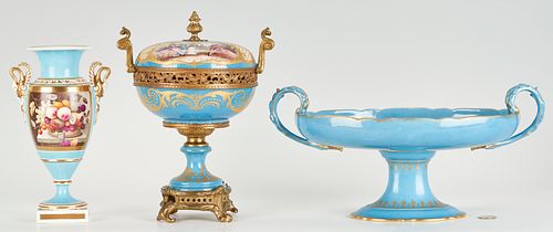 3 Blue & Gilt Porcelain Items, incl. French Sevres Bronze Mounted Urn