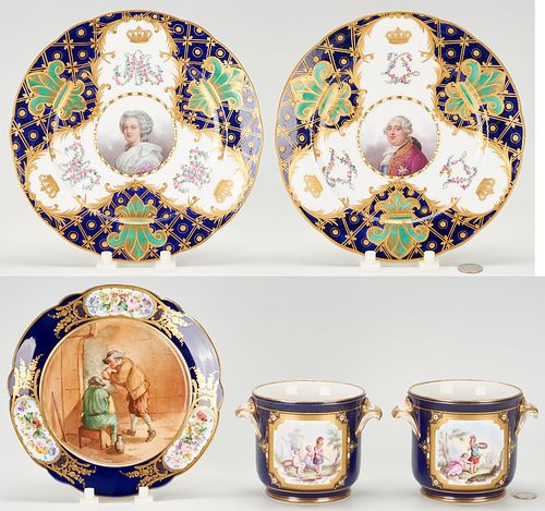 5 pcs. Sevres or Sevres Style French Cobalt Porcelain, incl. After David Teniers The Younger