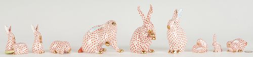 9 Herend Porcelain Rabbits, Red Fishnet Decoration