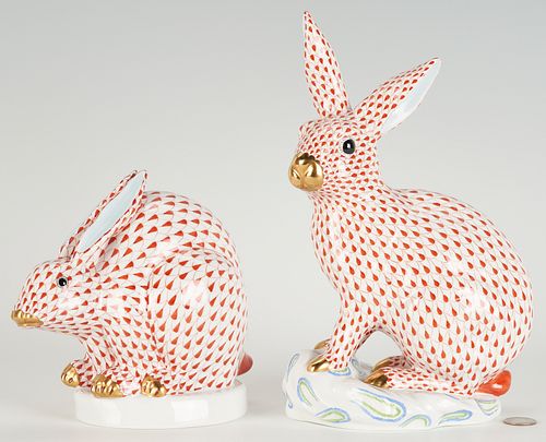 2 Large Herend Porcelain Rabbits, Red Fishnet Design