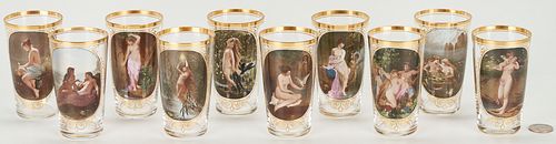 Set of 10 Rare Lobmeyr Glass Tumblers w/ Enamel Nude Decoration