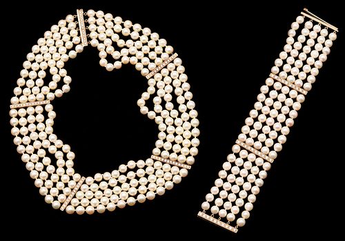 14K Designer 5-Strand Pearl Necklace & Bracelet