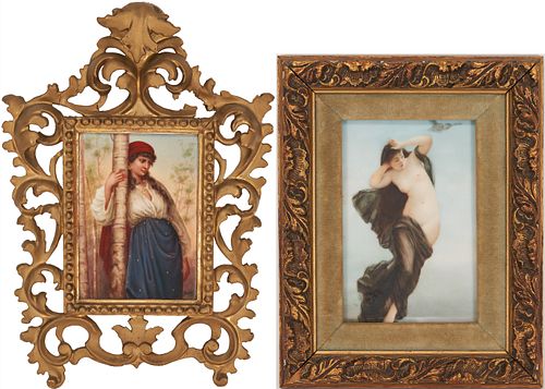 2 Framed European Painted Porcelain Plaques, incl. Nude
