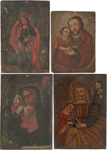 4 Mexican Folk Art Retablos, Our Lady of Sorrows, St. Anne, Joseph, & St. Boniface