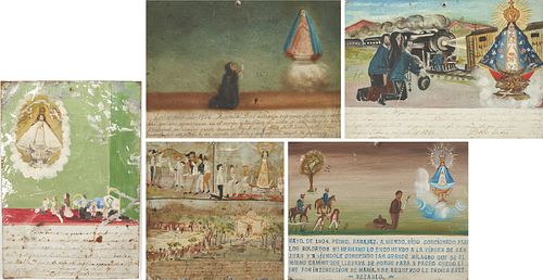 5 Mexican Folk Art Ex-Voto Retablos with Our Lady of Solitude Imagery