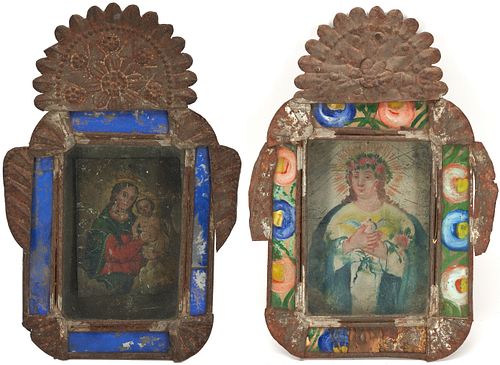 2 Mexican Folk Art Retablos, Virgin Mary Imagery