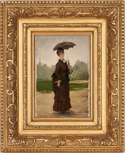 Jules James Rougeron O/B Painting, Woman Holding an Umbrella