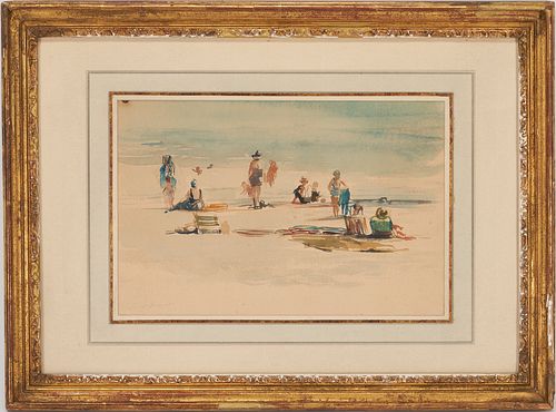 David Levine W/C Coastal Landscape with Figures, Bathers At Compo Beach