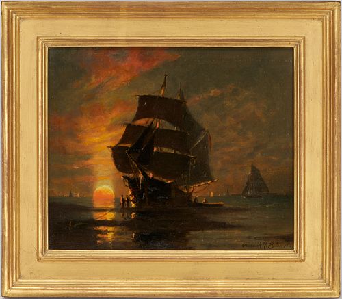 Frederick R. Bates O/C Marine Painting, Boston Harbor at Sunset