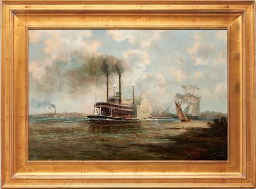 Oil Marine Painting, Steamboat J.M. White, signed Matt Thomas