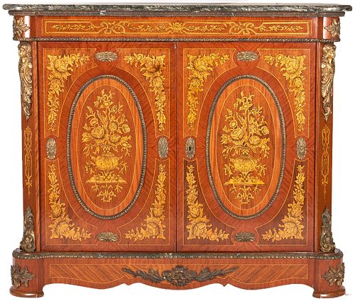 Louis XV Style Marble Topped Cabinet w/ Intarsia & Gilt Bronze Mounts