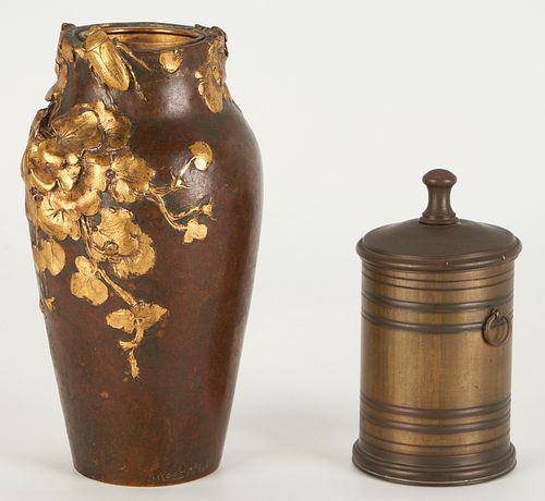 Tiffany Bronze Cigarette Box & F. Debon Art Nouveau Bronze Vase