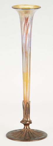 LCT Tiffany Favrile Louis Comfort Furnaces Art Glass Trumpet Vase w/ Gilt Bronze Base