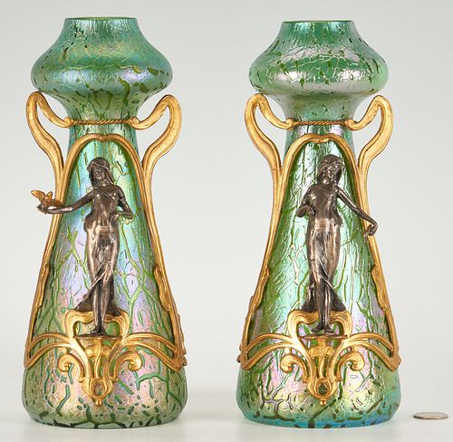 Pr. Loetz Art Nouveau Figural Overlay Crackle Iridescent Glass Vases