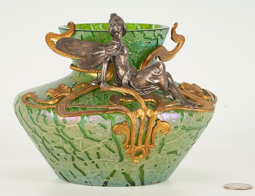 Loetz Art Nouveau Gilt Figural Fairy Mounted Crackle Iridescent Vase