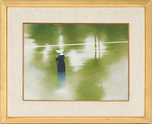 Robert Vickrey Tempera on Board Painting of a Nun, Rainy Crossing