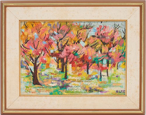 Marjorie Lee O/B Abstract Landscape Painting, Peach Orchard in Bloom