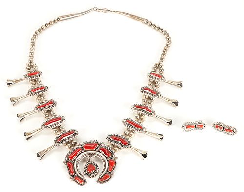 Navajo Coral & Silver Squash Blossom Necklace w/ Delbert Chatter Earrings