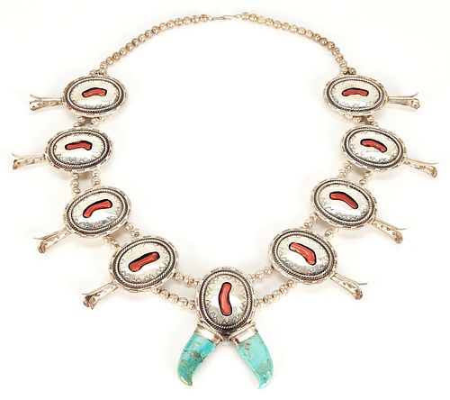 Navajo Turquoise, Coral  & Silver Squash Blossom Necklace