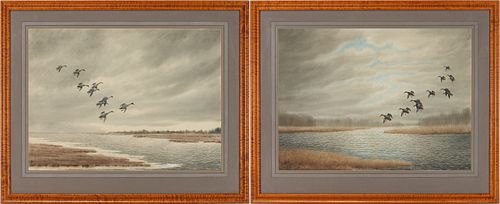 2 J.D. Knapp Large Sporting Art W/C Paintings, Ducks Over Water
