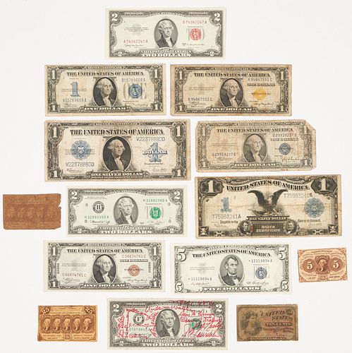 14 US Banknotes or Silver Certificates, incl. Emergency War Bills, Fractional Notes