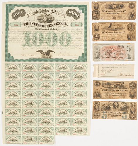 7 pcs. TN related Ephemera incl. Obsolete Currency, John Overton Signed Check
