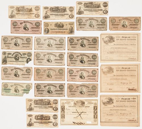 Grouping of Confederate Currency & Bonds, 25 items