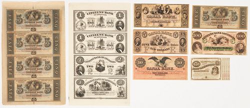 8 Louisiana Obsolete Currency Items, incl. Uncut Banknotes